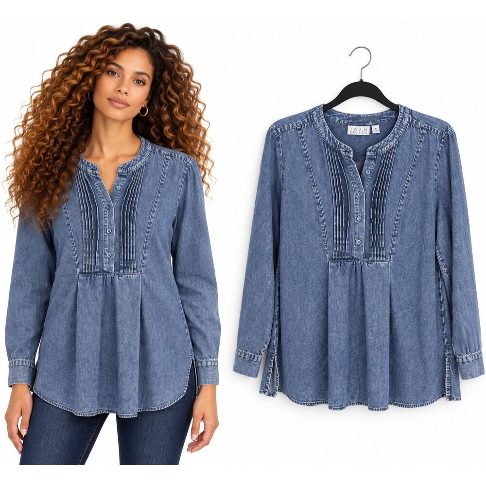 Joan Rivers Denim Pintuck Henley Shirt Size 12 Woven Blouse Tunic  QVC# A366279